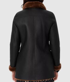Womens Black Aviator Sheepskin Leather Shearling Fur Winter Coat Back