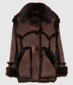 Womens Shearling Fur Suede Leather Brown Coat