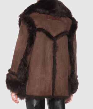 Womens Shearling Fur Suede Leather Brown Coat Back