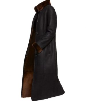 Womens Shearling Single-Breasted Leather Black Long Coat side