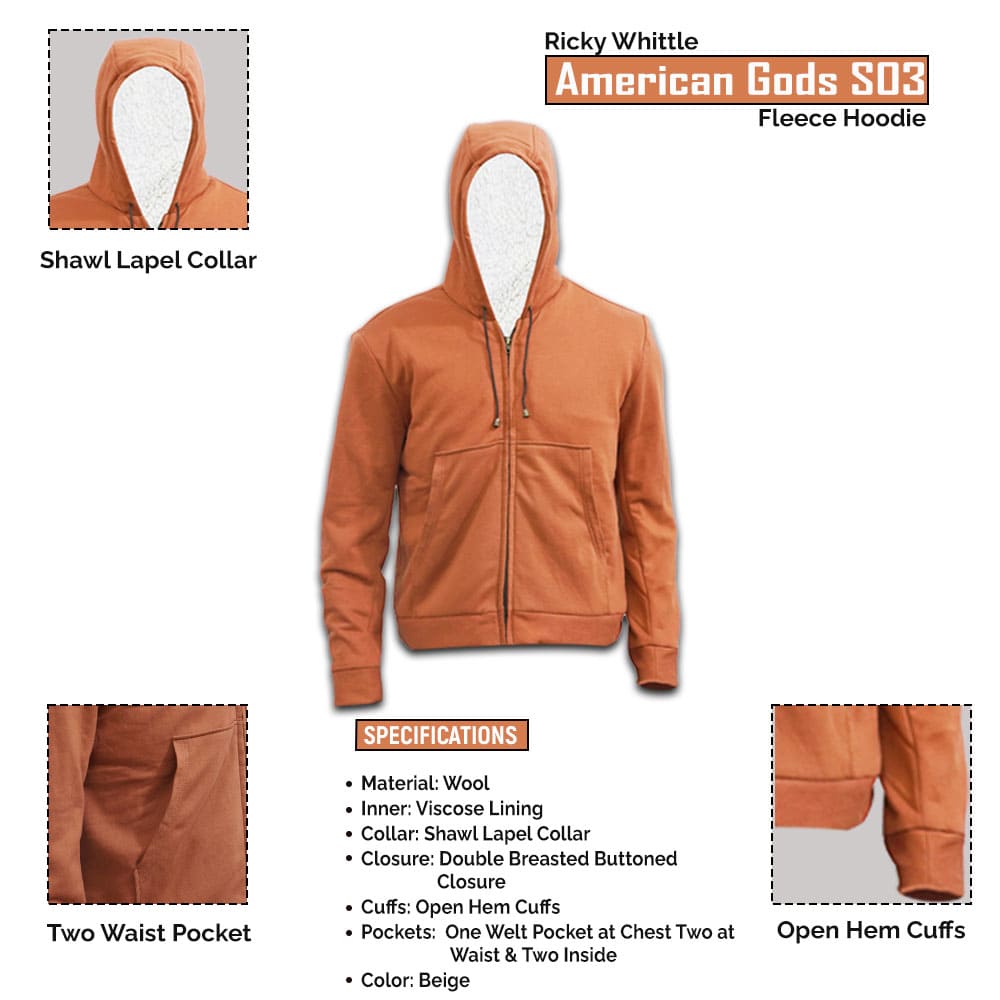 American Gods S03 Ricky Whittle Fleece Hoodie Jacket Infographics Leather Jacket Black