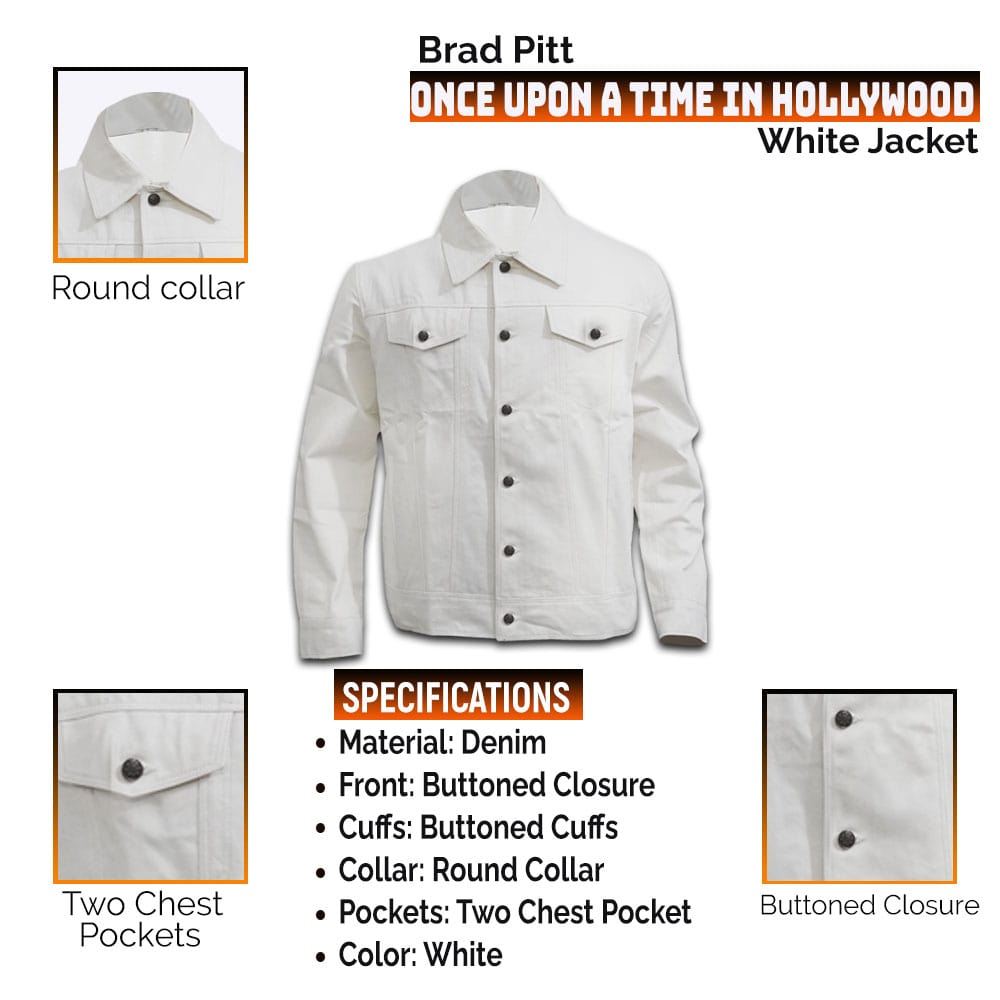 Brad Pitt Once Upon A Time In Hollywood White Denim Jacket Infographics