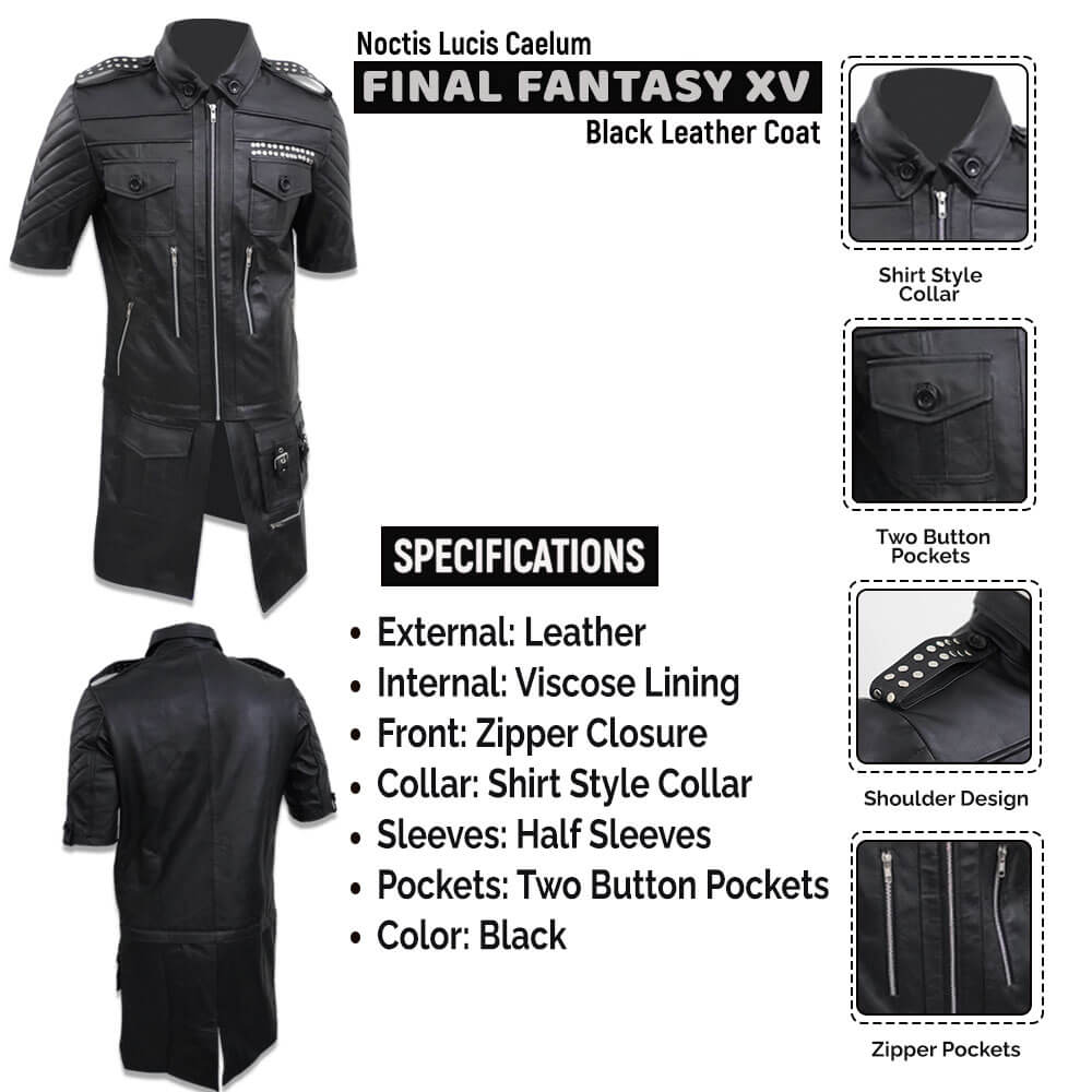 Final Fantasy 15 Noctis Lucis Caelum Black Leather Coat Infographics Leather Jacket Black