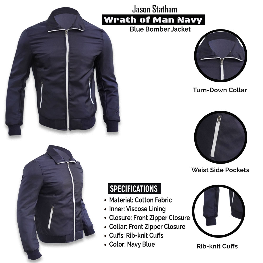 Jason Statham Wrath of Man H Navy Blue Bomber Jacket