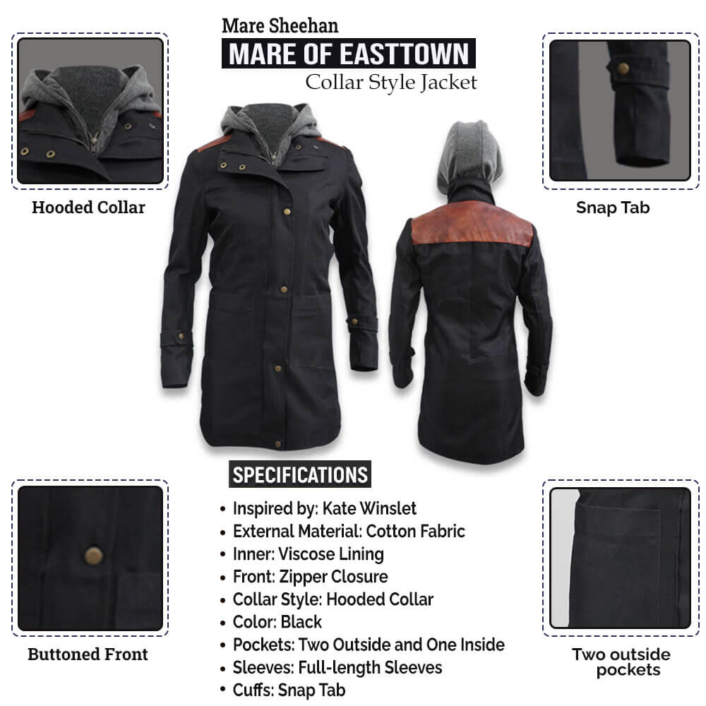 Kate Winslet Mare Of Easttown Collar Style Jacket Infographics Leather Jacket Black