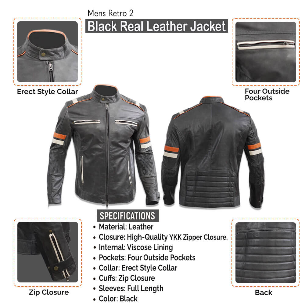 Men’s Cafe Racer Retro 3 Motorcycle Distress Black Leather Jacket Infographics