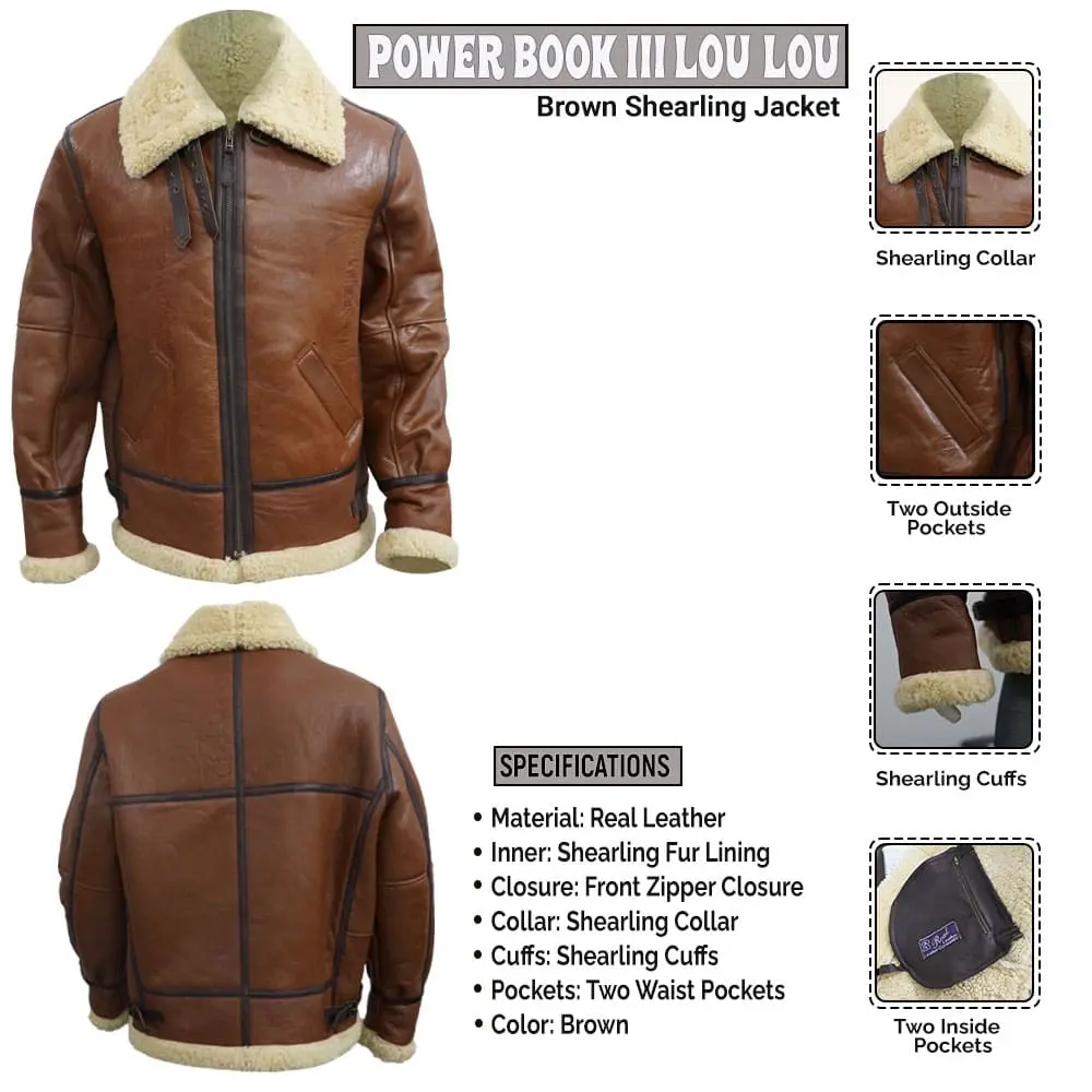 Power Book III Lou Lou Brown Shearling Jacket Infographics LJB