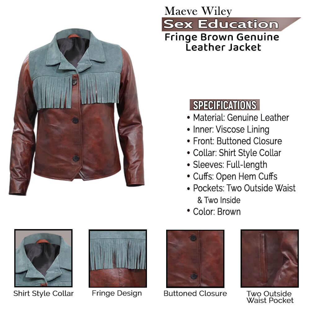 Sex Education Maeve Wiley Fringe Real Leather Jacket Infographics
