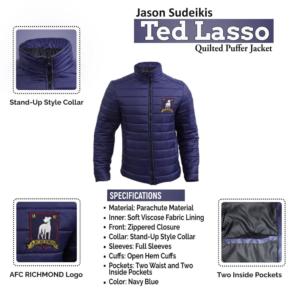 Ted Lasso S02 Navy Blue Quilted Jason Sudeikis Puffer Jacket Infographics