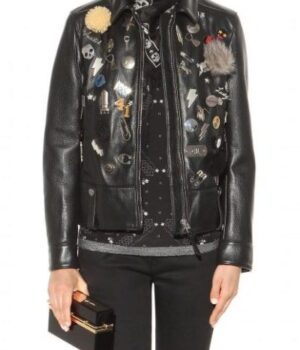 Ariana Grande Black Leather Jacket With Patches