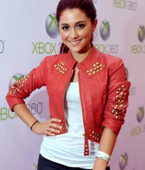 Ariana Grande Red Leather Cropped Jacket With Studs