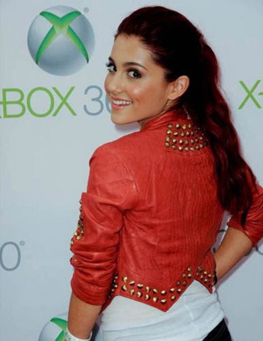Ariana Grande Red Leather Cropped Studded Jacket