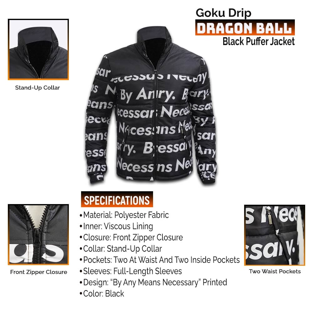 Dragon Ball Goku Drip Black Puffer Jacket Infographics LJB