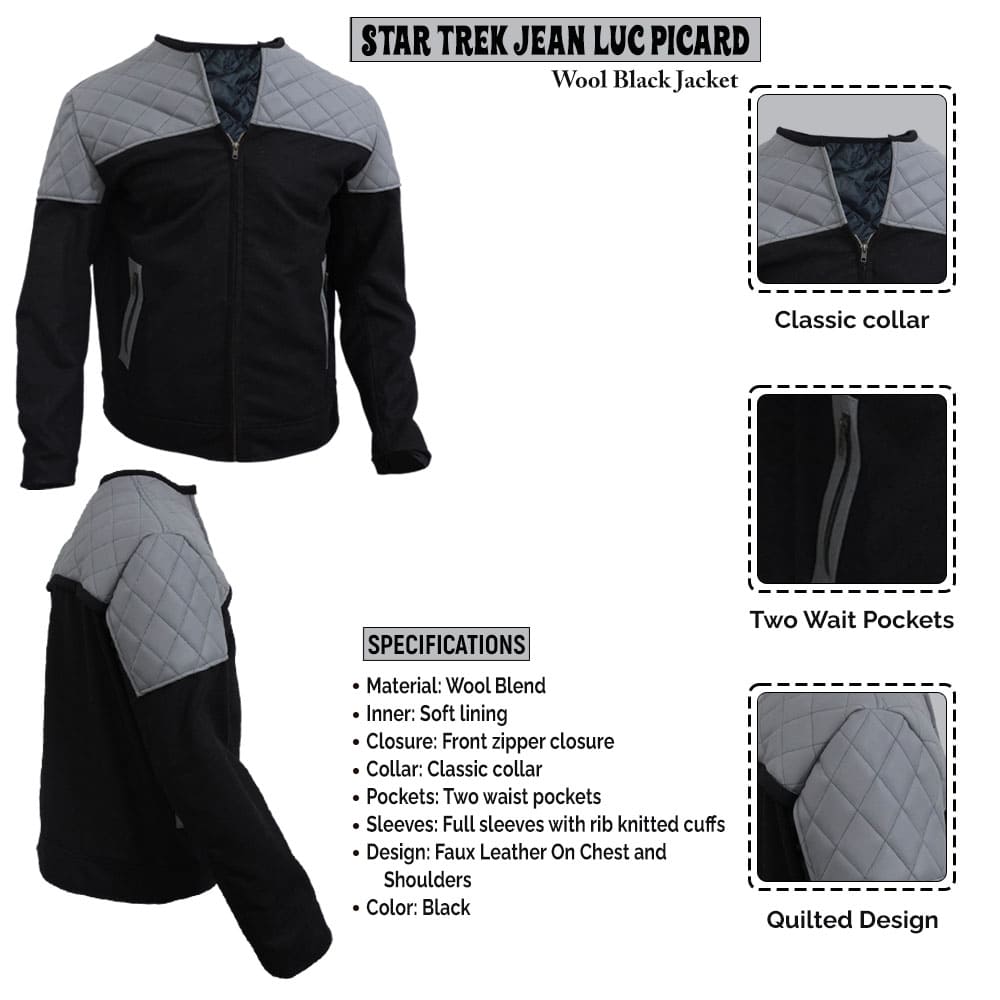 Jean-Luc Picard Star Trek Black Jacket Infographics LJB
