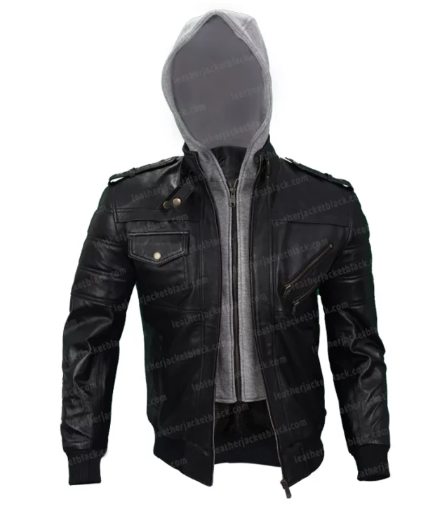 Mens Genuine Leather Bomber Biker Hood Jacket Open Style