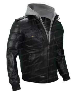 Mens Genuine Leather Bomber Biker Hood Jacket Side