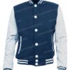 Mens Navy Blue and White Letterman Wool Bomber Jacket