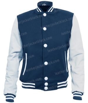 Mens Navy Blue and White Letterman Wool Bomber Jacket