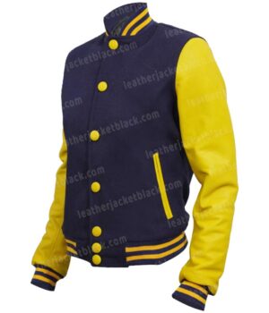 Mens Navy Blue and Yellow Letterman Bomber Varsity Jacket