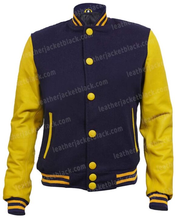 Mens Navy Blue and Yellow Letterman Varsity Jacket