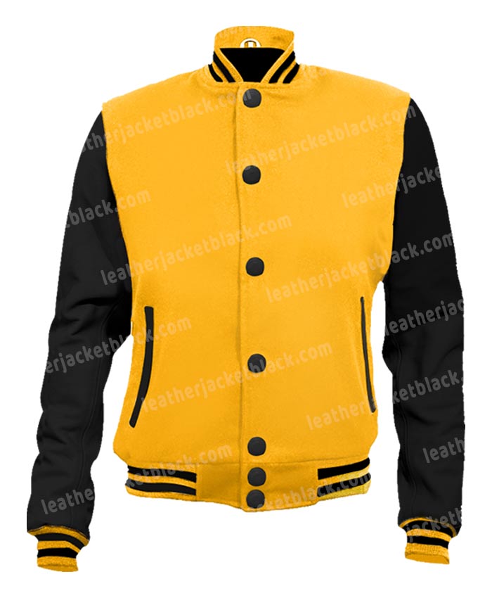 FJackets Women's Black and Yellow Letterman Baseball-Style Jacket