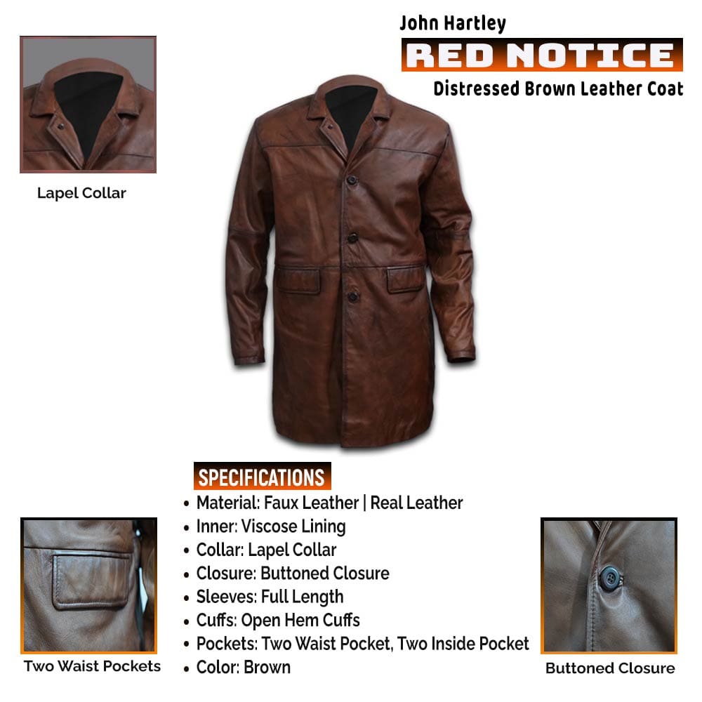 Red Notice John Hartley Distressed Brown Leather Coat Infographics LJB