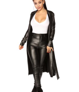 Singer Ariana Grande Black Leather Coat