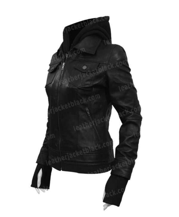 Women Black Leather Hooded Jacket