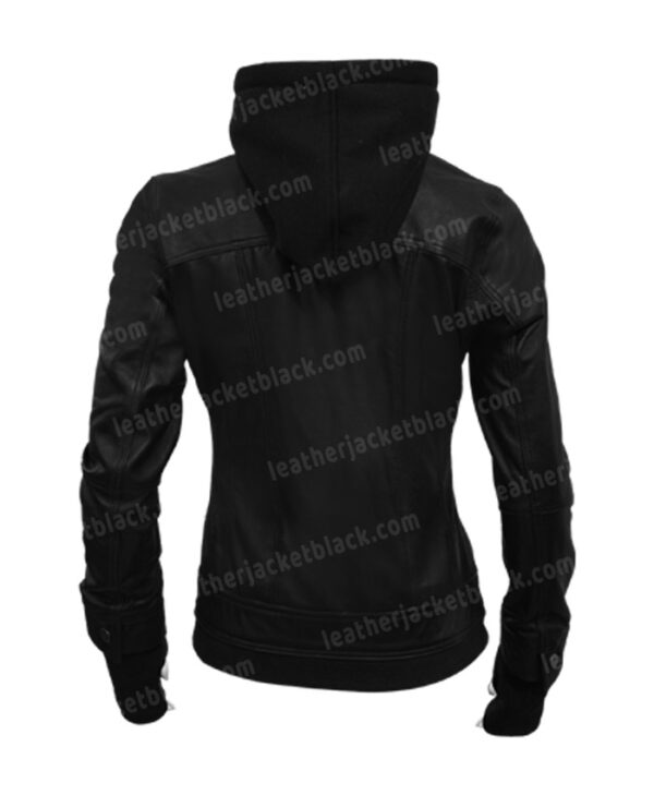 Womens Black Leather Hood Jacket
