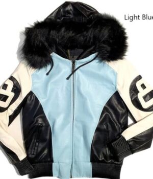 8 Ball Bomber Parka Fur Hooded Blue Leather Jacket