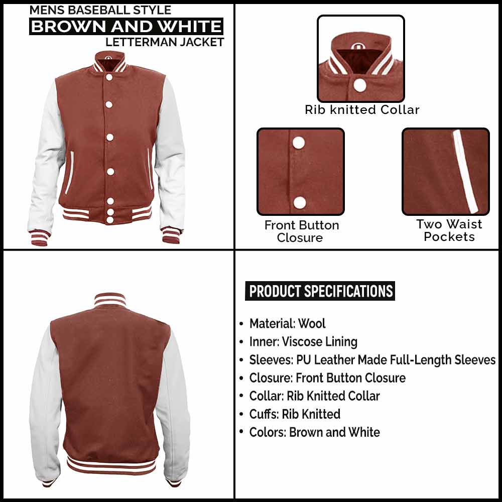 Mens Baseball Style Brown and White Letterman Jacket leather infographic