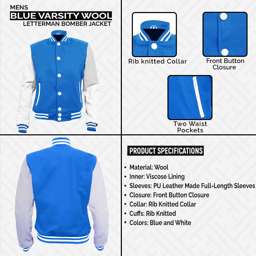 Mens Blue Varsity Wool Letterman High School Bomber Jacket leather infographic