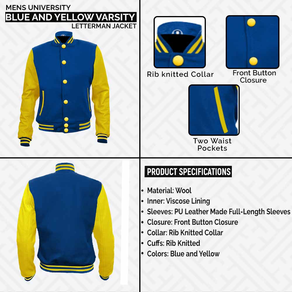 Mens Blue and Yellow Varsity University Style Letterman Jacket leather infographic