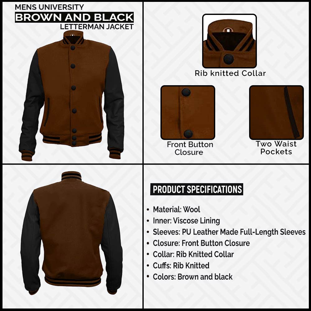 Mens Brown and Black Bomber College Style Letterman Jacket leather infographic