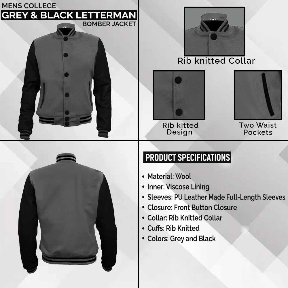 Mens College Grey and Black Letterman Varsity Jacket leather infographics