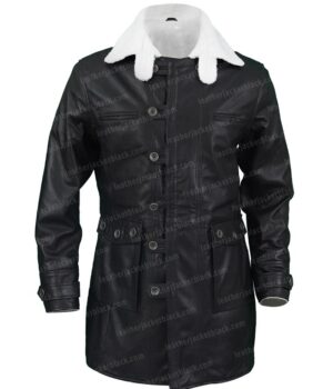 Mens Genuine Lambskin Leather Black Sherpa Long Coat Front