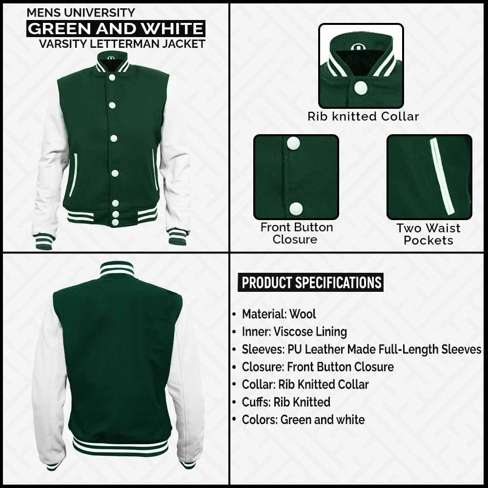 Mens Green and White Football Varsity Letterman Jacket leather Infographic