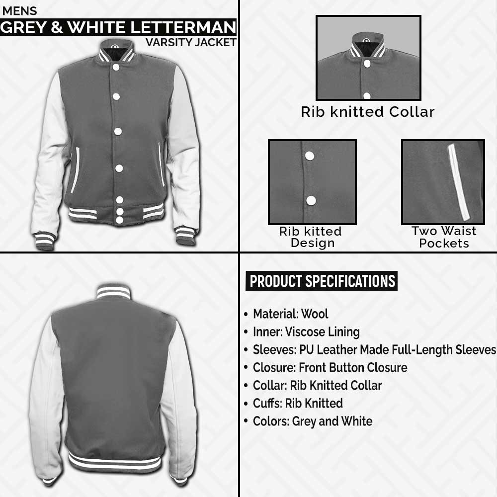 Mens Grey and White Letterman School Style Varsity Jacket leather Infographics