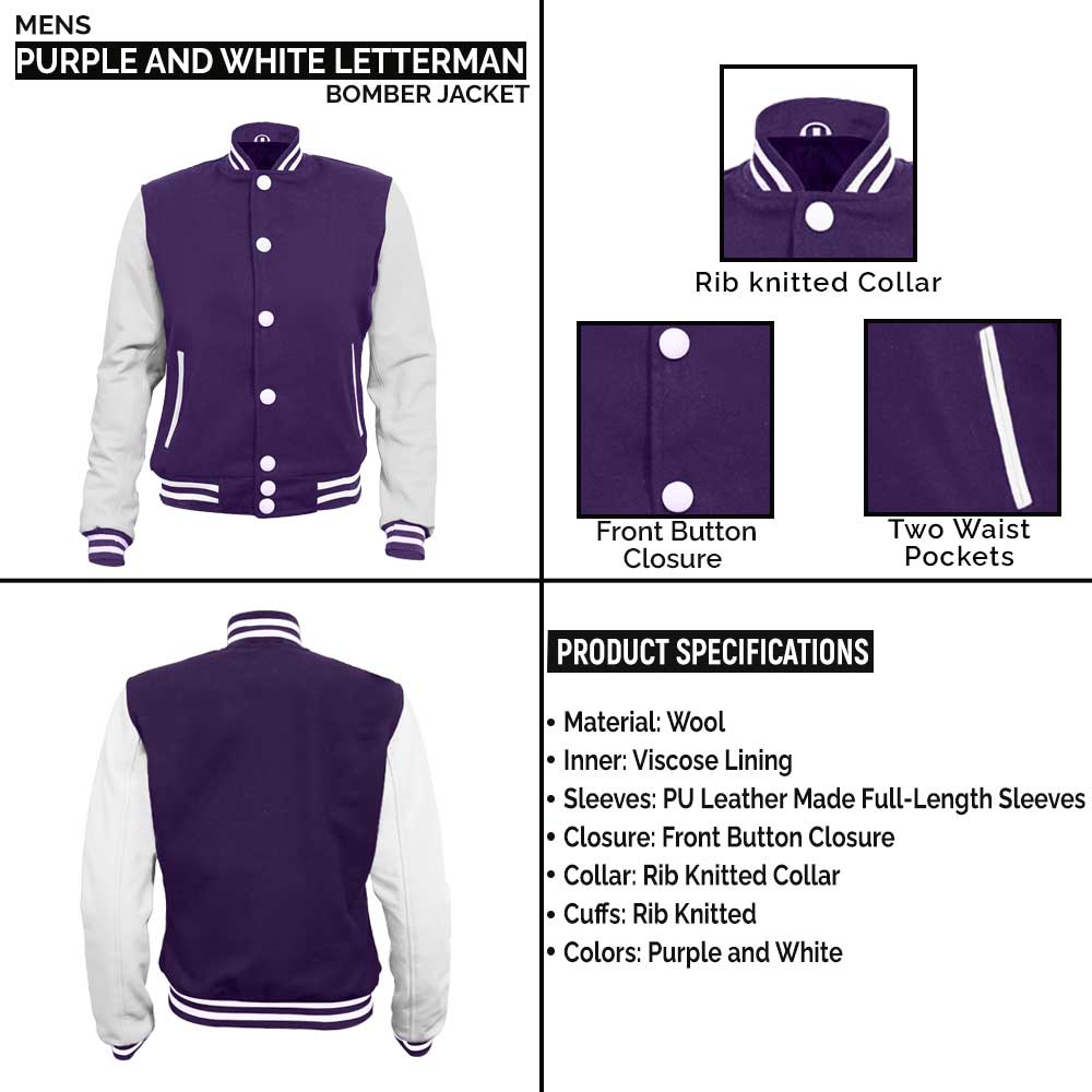 Mens High School Letterman Purple and White Varsity Jacket leather infographic