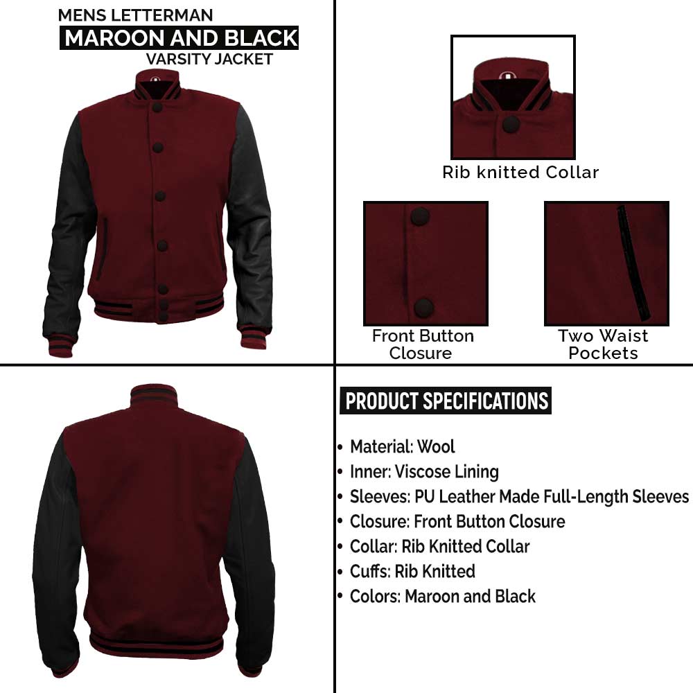 Mens Letterman Maroon and Black Varsity Jacket Leather infographic