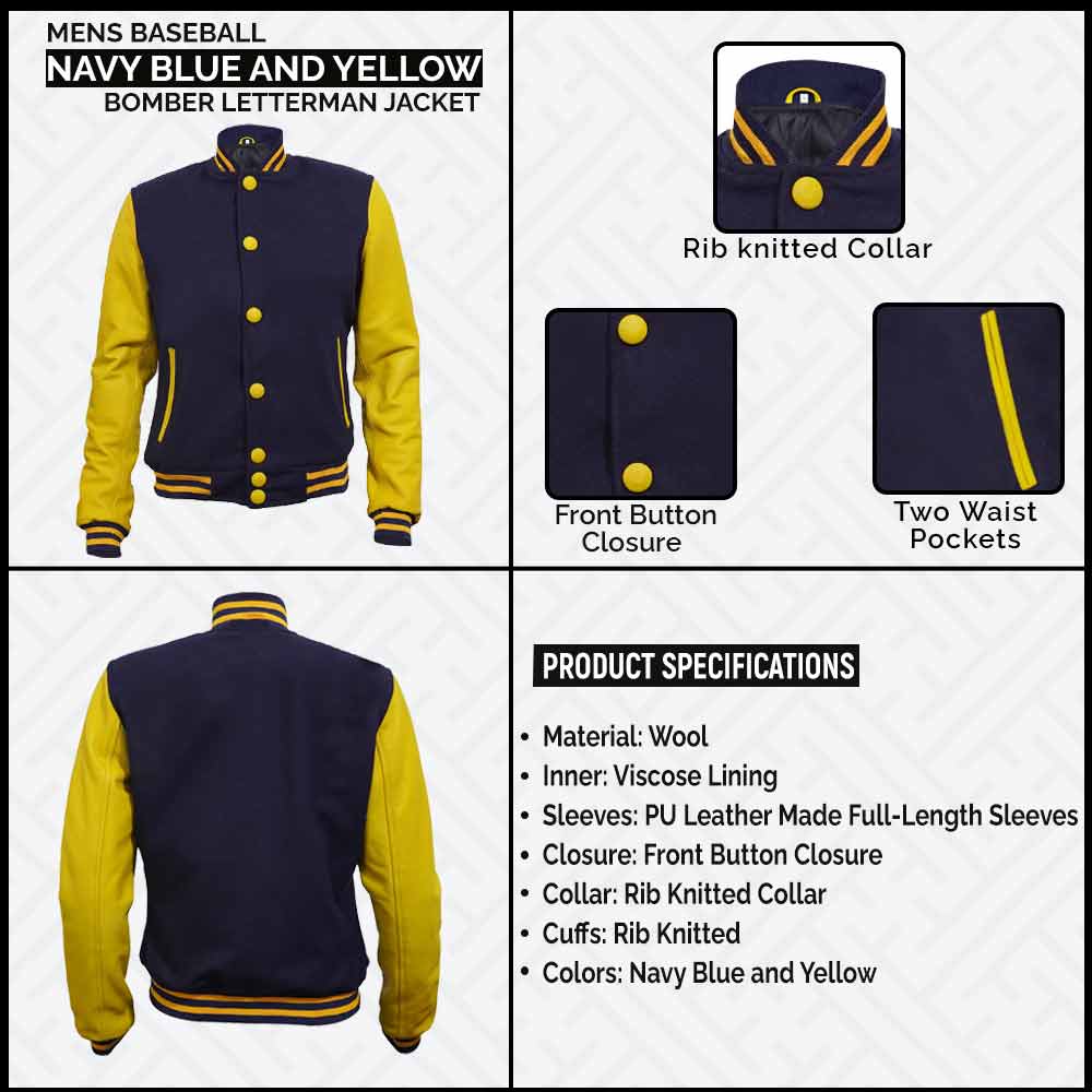 Mens Navy Blue and Yellow Bomber Baseball Letterman Jacket leather infographic