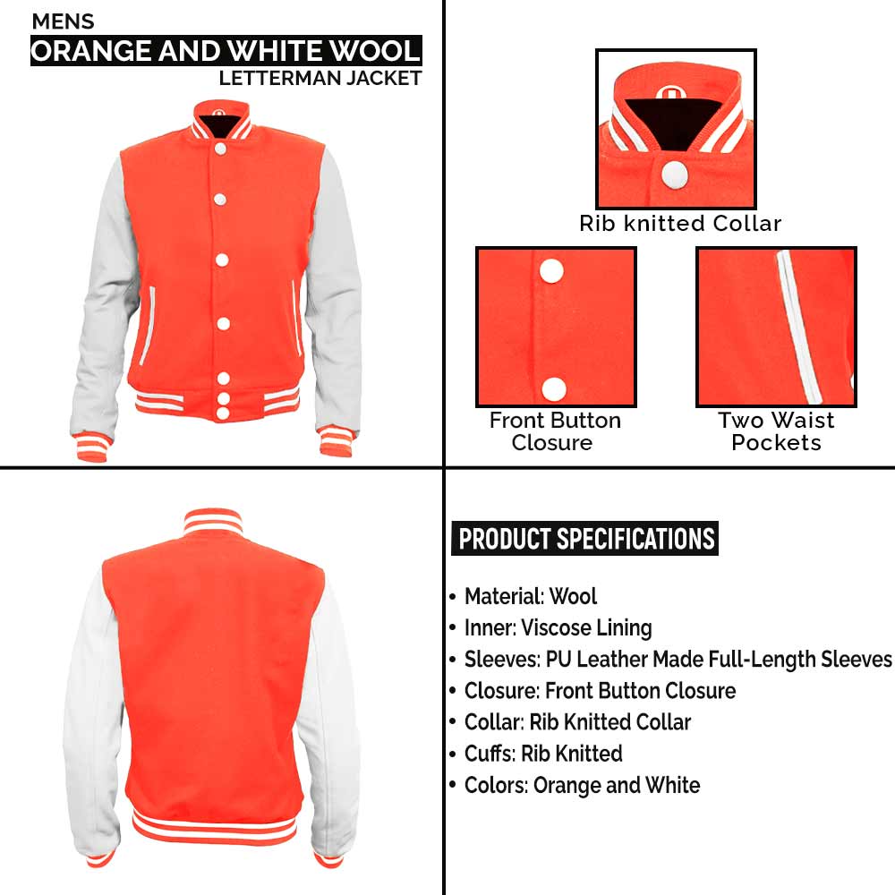 Mens Orange and White Wool Baseball Style Letterman Jacket