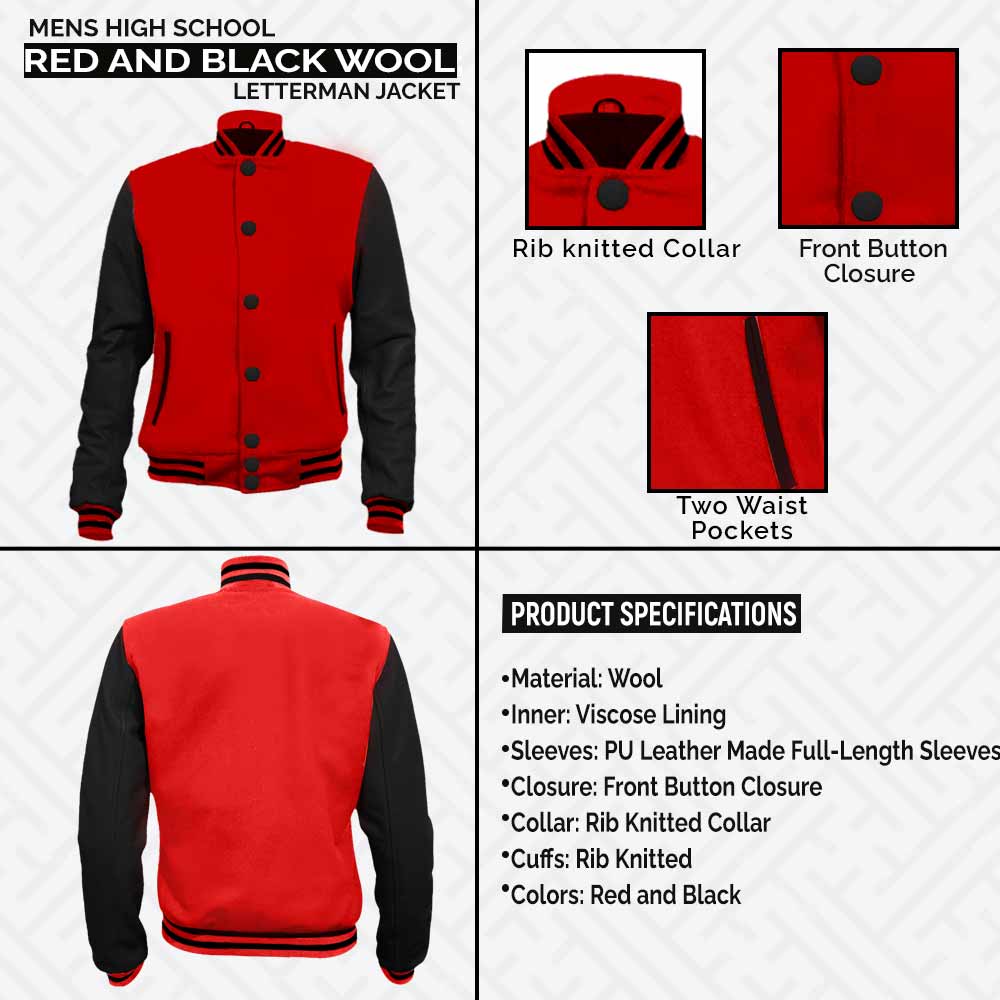 Mens Red and Black Wool Letterman High School Varsity Jacket leather Infographics