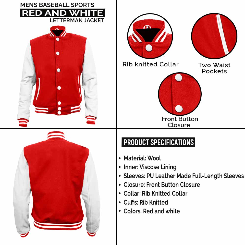 Mens University Maroon and White Wool Baseball Varsity Jacket leather infographics