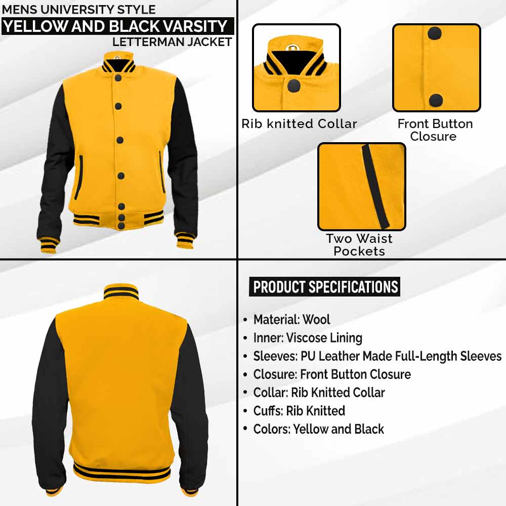 Mens Yellow and Black Varsity University Style Letterman Jacket leather infographic