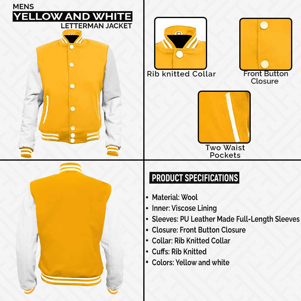 Mens Yellow and White Football Bomber University Style Letterman Jacket leather Infographic