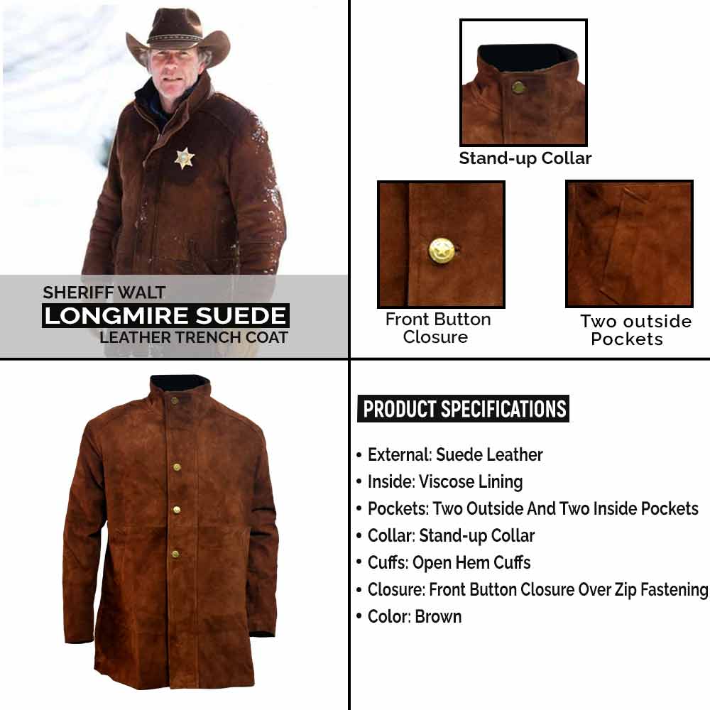 Sheriff Walt Longmire Suede Leather Trench Coat Infographics Leather Jacket Black
