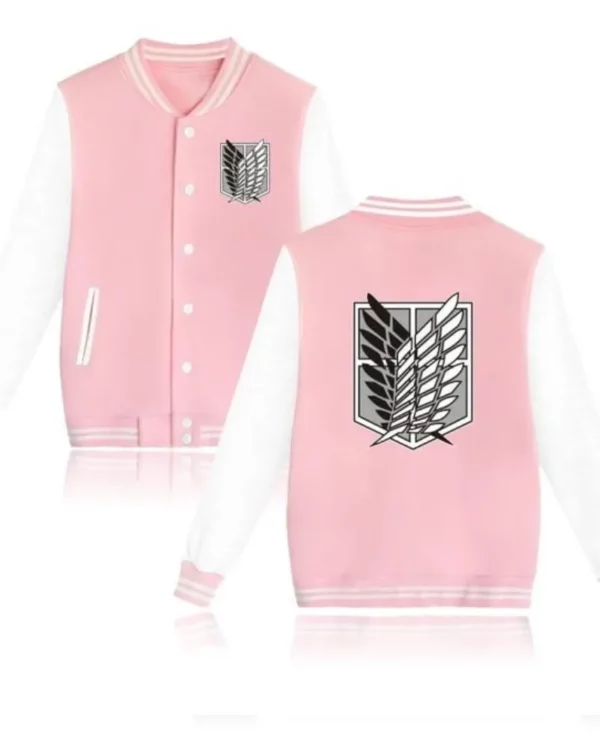Attack on Titan Anime Pink and White Letterman Bomber Jacket