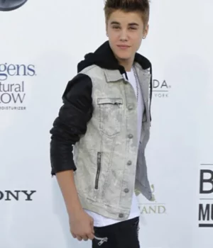 Justin Bieber Leather Sleeves Hooded Denim Jacket