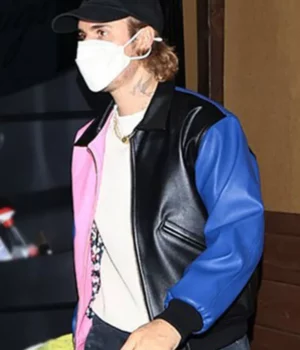 Justin Bieber Pink Blue and Black Leather Bomber Jacket